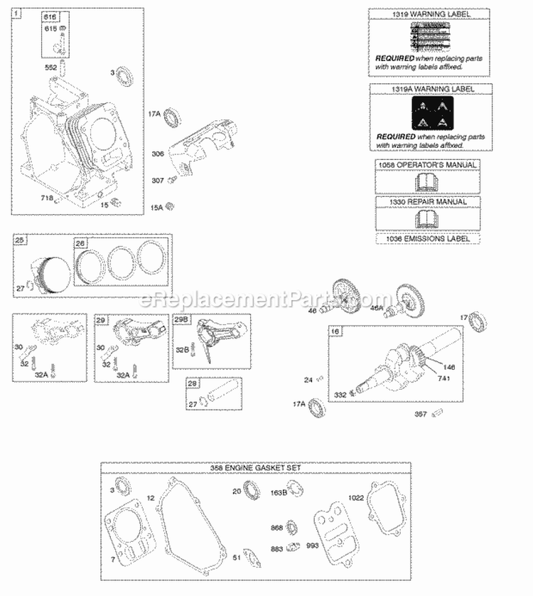Camshaft Crankshaft Cylinder Piston Group Diagram and Parts List for 12S112-0120-F8  Briggs and Stratton Engine